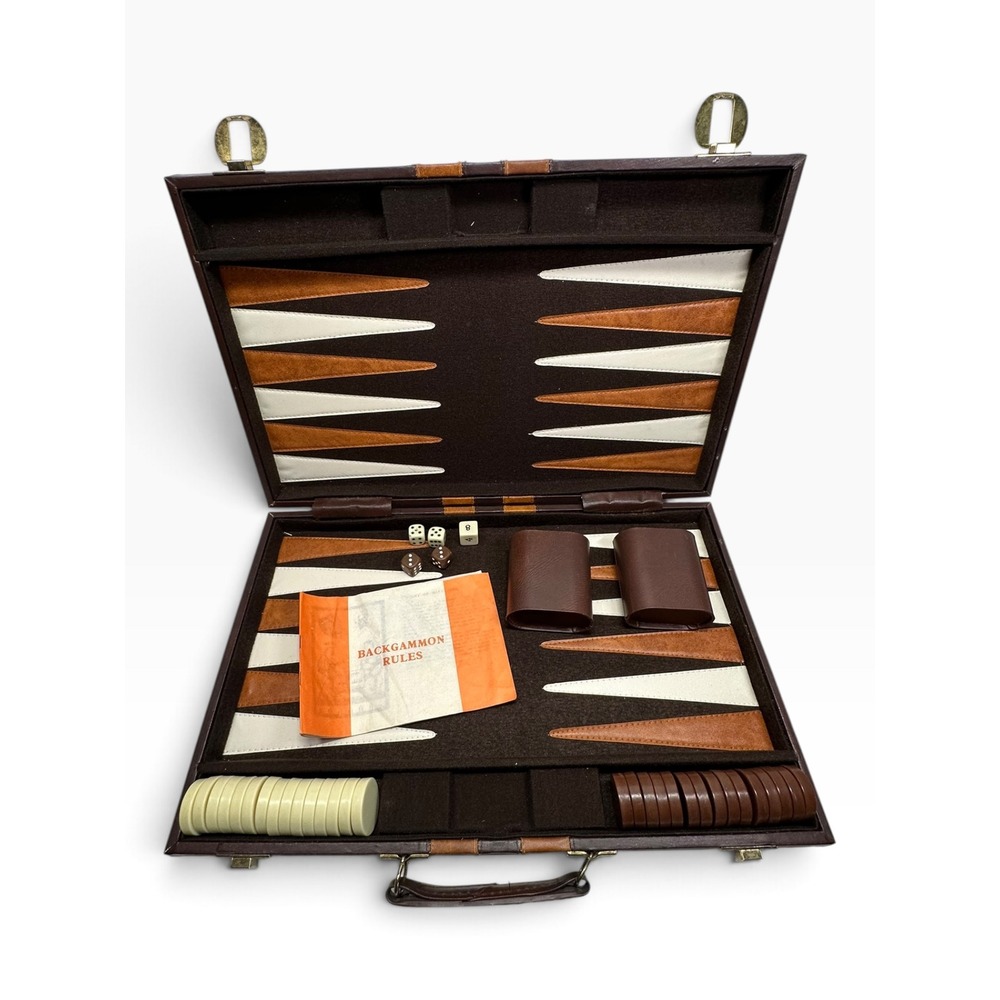 Vintage Backgammon Set Briefcase Brown Faux Leather Racing Stripe Large Complete